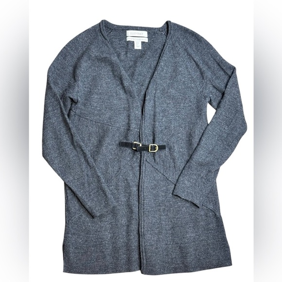 Ellen Tracy Tunic Sweater 100% Merino Wool Cardigan Women Gray Long Sleeve Belt - Picture 1 of 16